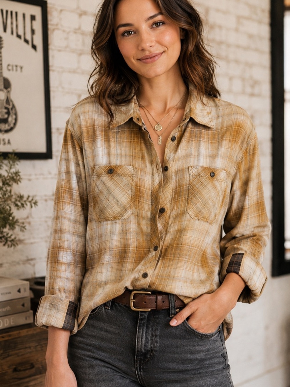 Plaid Button Down Shirt L 4 Pocket Utility Top Boho Oversized